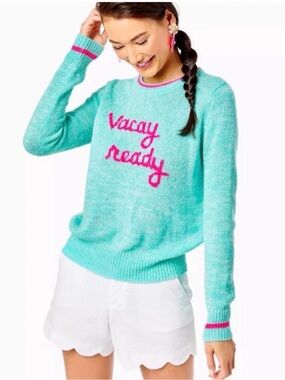 Lilly Pulitzer Turquoise "Vacay Ready" Sweater with Pink Script